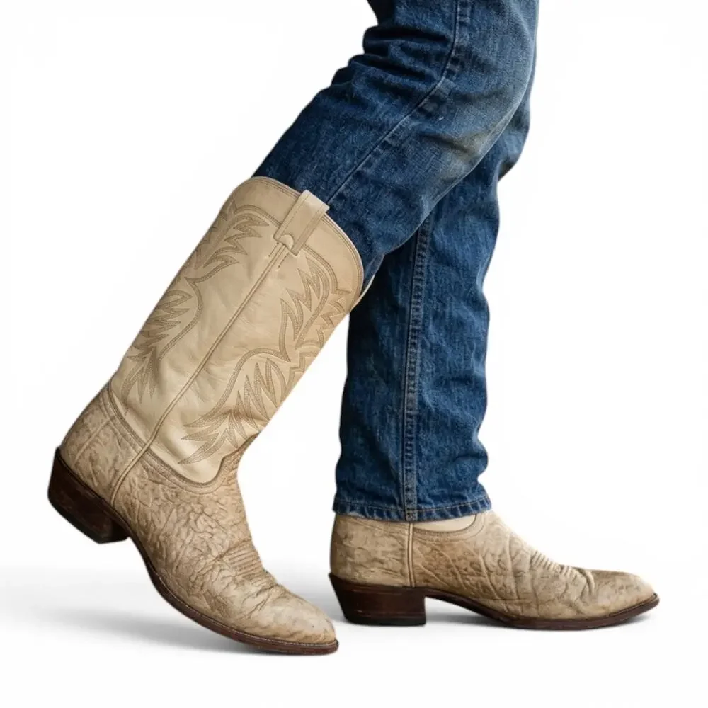 VTG 70s 80s Nocona Elephant Leather Cowboy Boots Bone White Mens 11D Exotic 4470